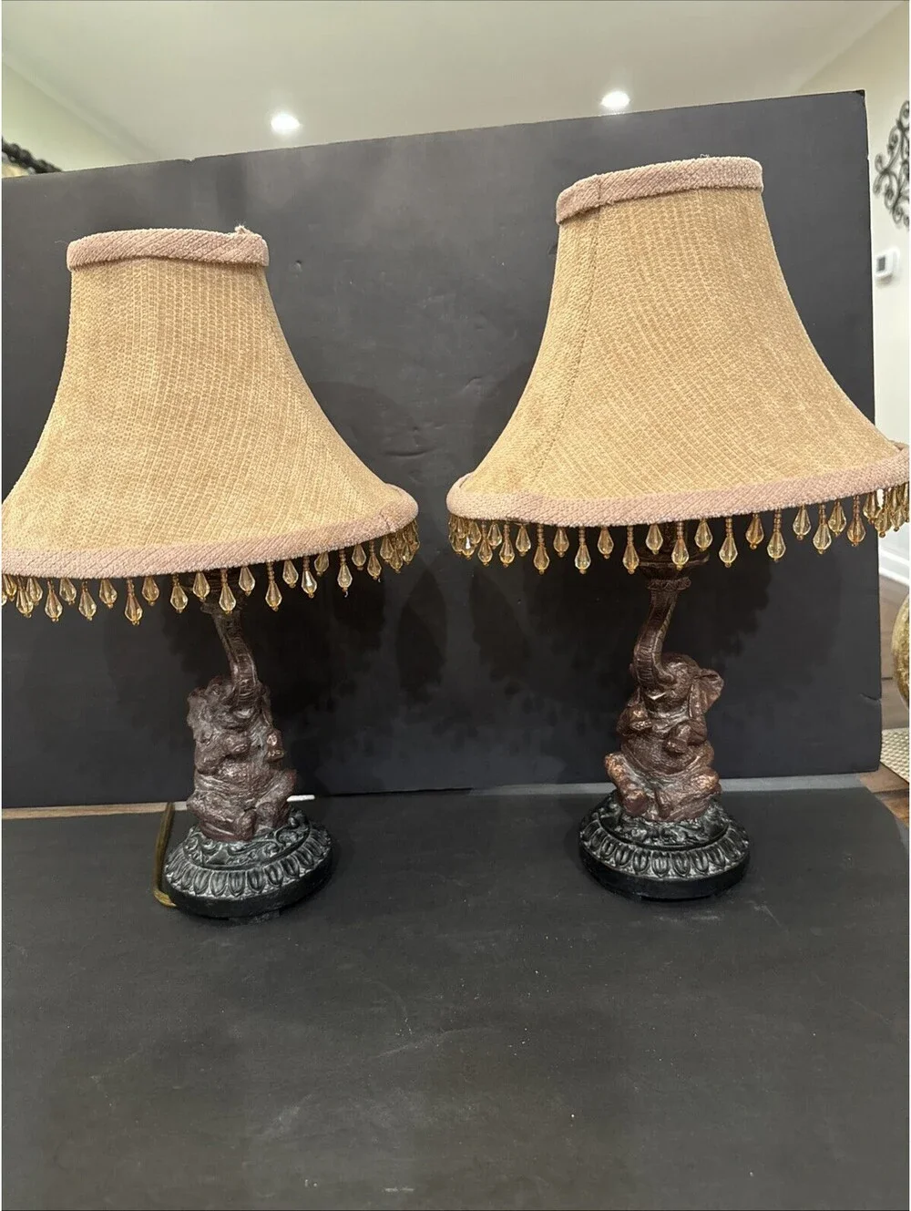 Pair of Elephant Table Lamps with Beaded Chenille Bell Shades Good Luck 17”